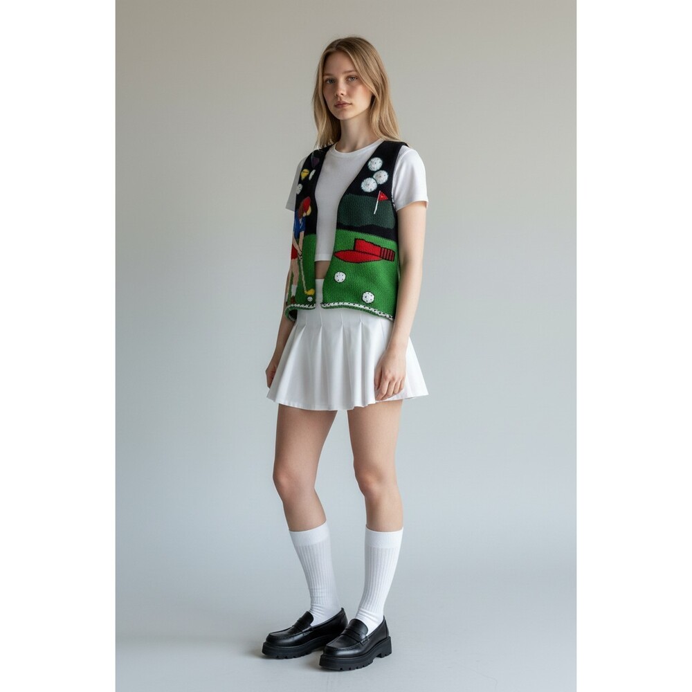 Cotton Salsa Handmade Peru Golf Scene Knit Sweater Vest Vintage Novelty 90s